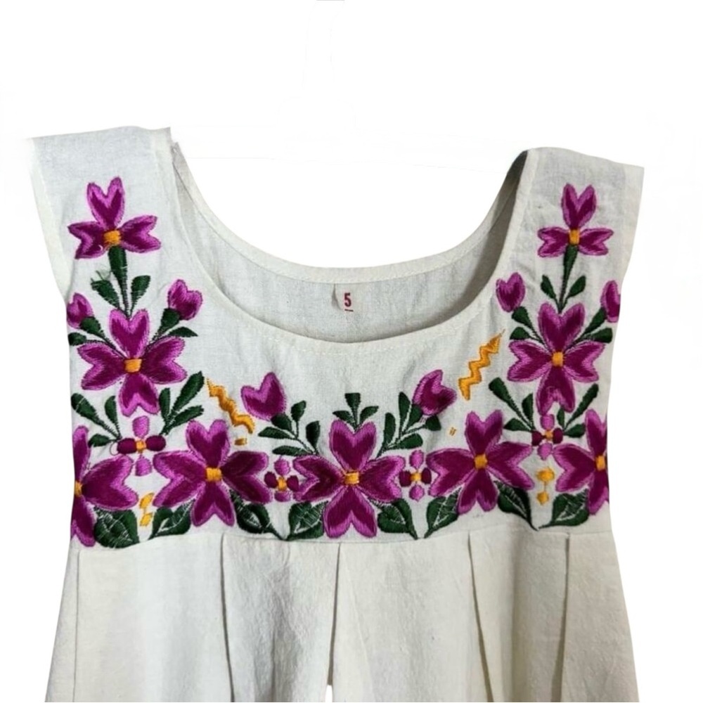 Boho Mexican Embroidered Dress 5 Floral Cottagecore Festival Sleeveless Hamdmade - Picture 4 of 8